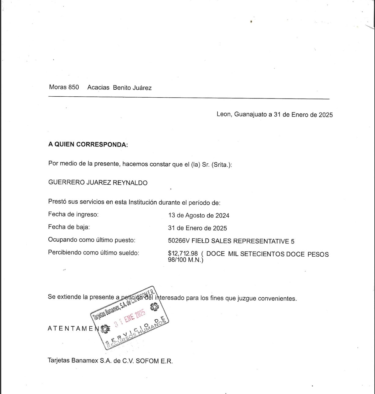 Carta de Recomendacion Banamex